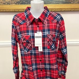 OCHENTA Button Down Sleeve Plaid Flannel Shirt